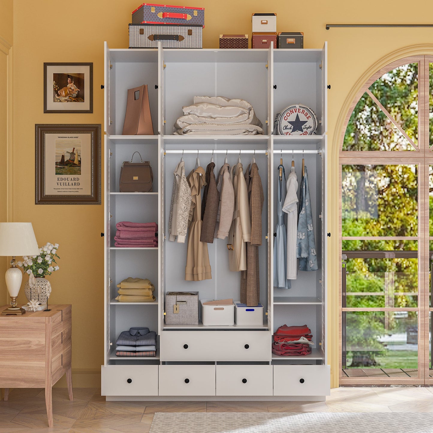 Grande armoire-penderie pour chambre à coucher, meuble de rangement à 4 portes et 5 tiroirs