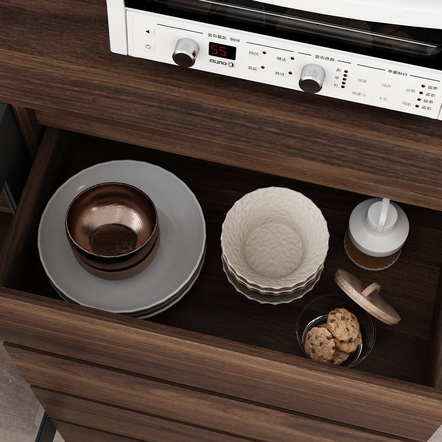 Grand placard de rangement de cuisine 63W avec étagère supérieure, 4 portes, 4 tiroirs et étagère pour micro-ondes 