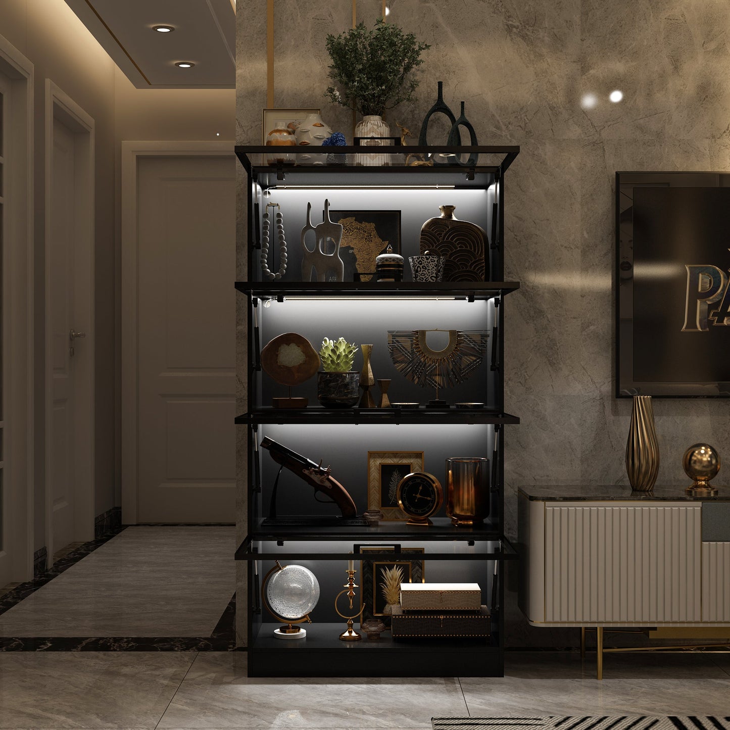 Vitrine vitrée à 4 niveaux avec éclairage LED