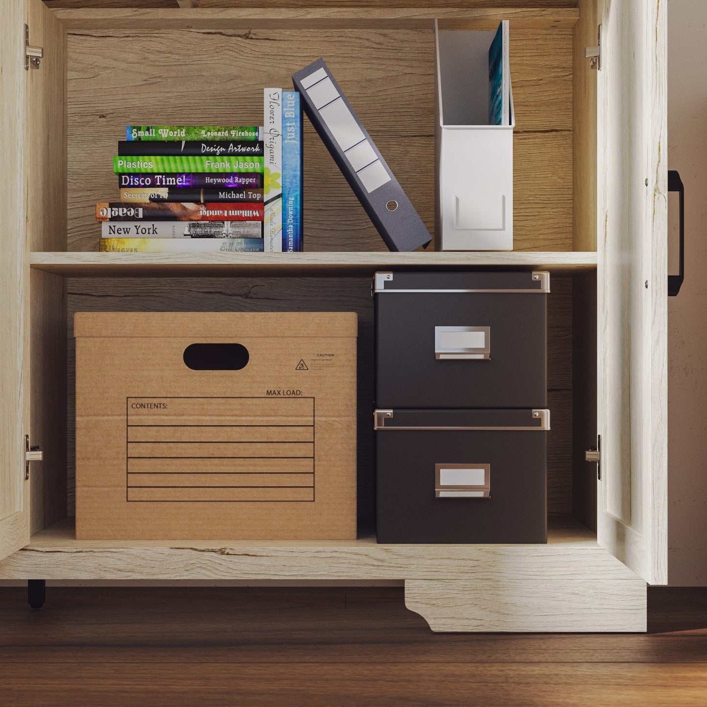 Meuble de rangement modulaire élégant : design épuré et combinaison de compartiments ouverts et fermés.