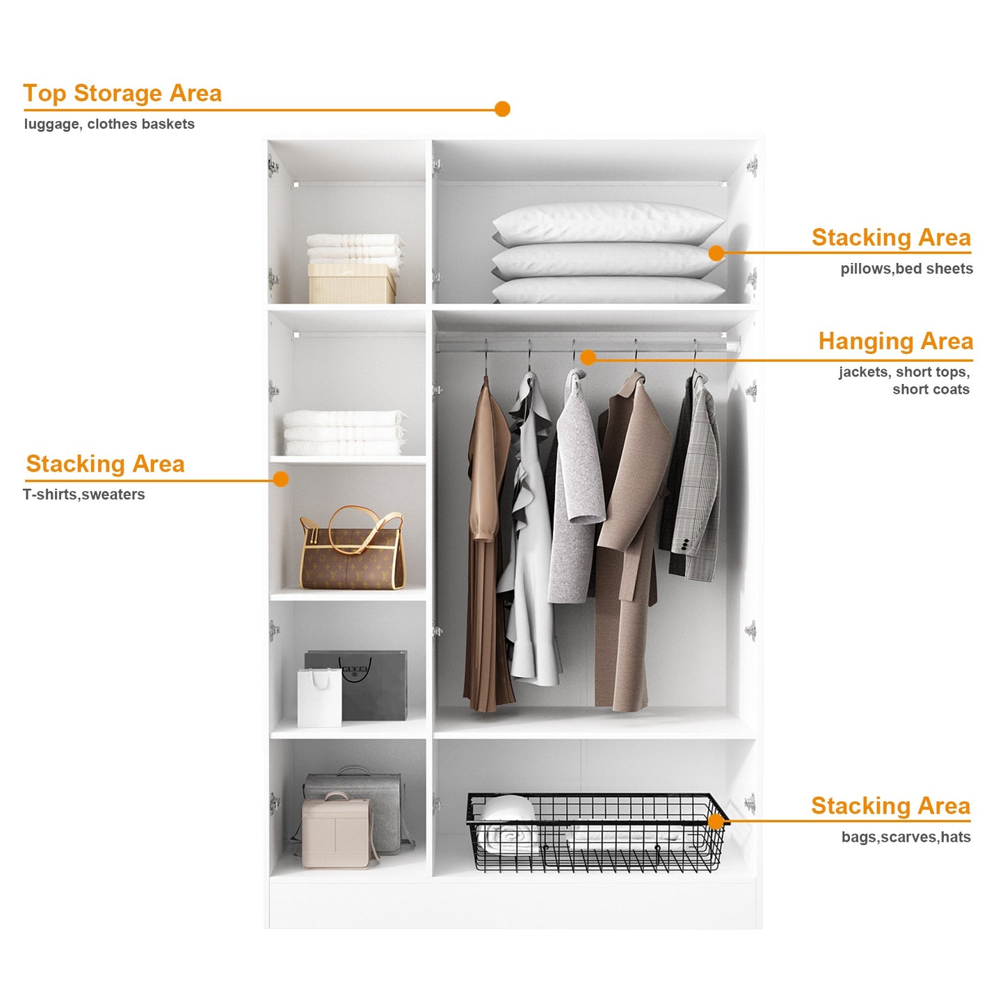 Grande armoire de chambre à coucher avec rangement pour vêtements, éclairage LED et portes vitrées