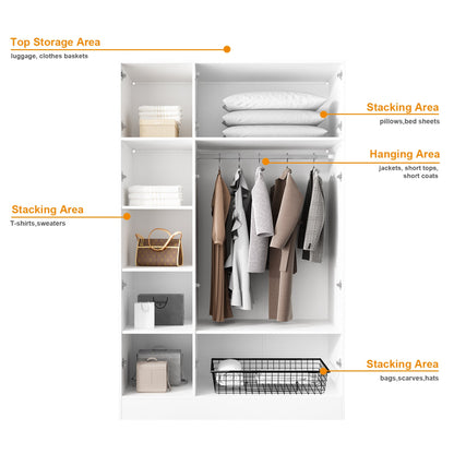 Grande armoire de chambre à coucher avec rangement pour vêtements, éclairage LED et portes vitrées