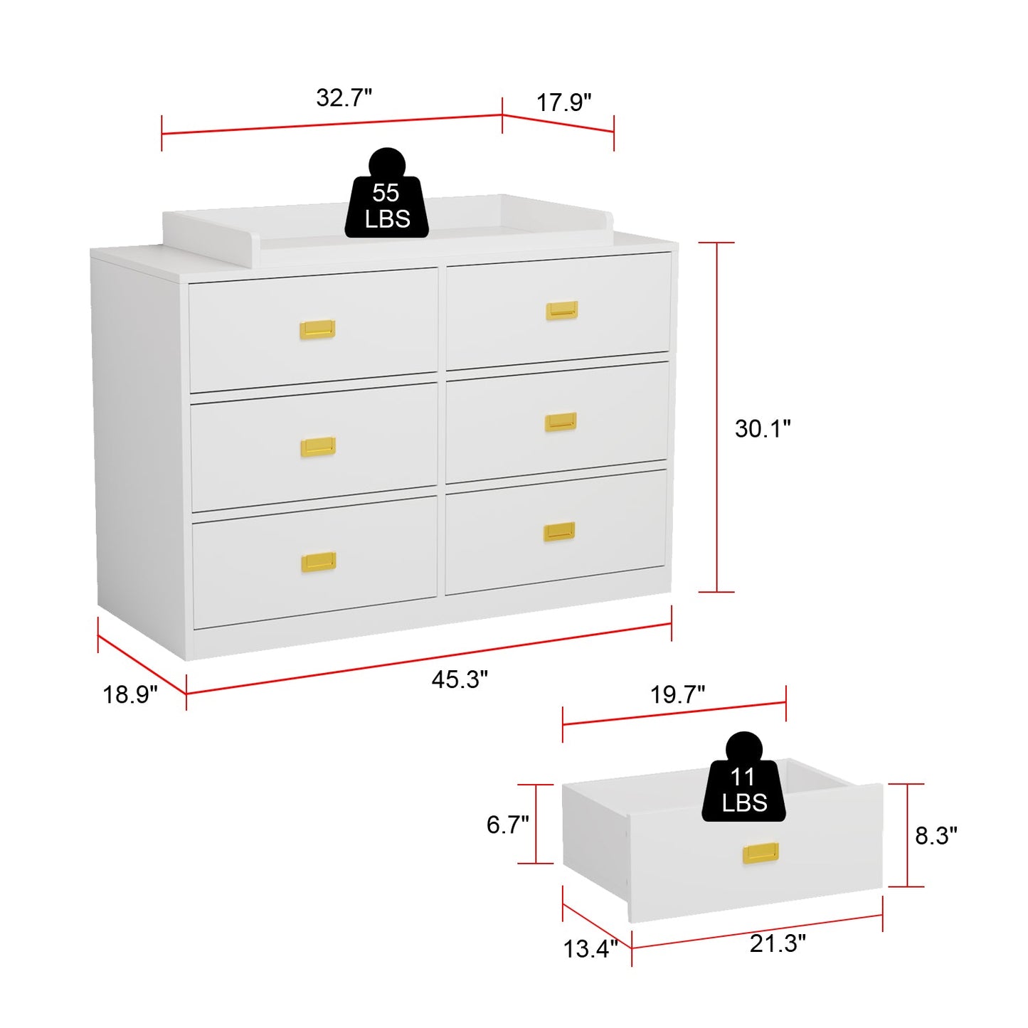 Commode à langer pour chambre d'enfant, buffet non toxique, finition blanche, 6 tiroirs