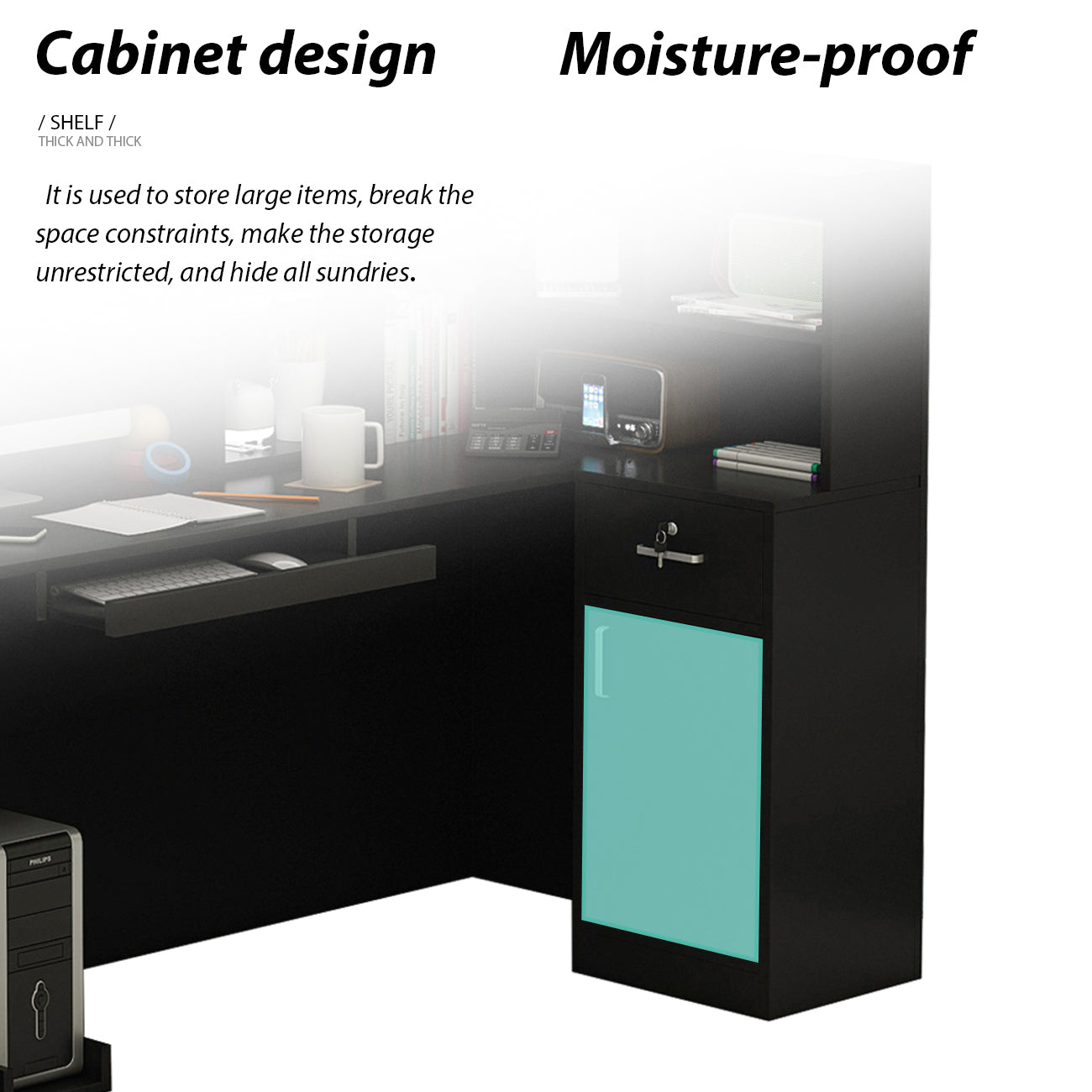 Bureau d'accueil en forme de L avec grands classeurs de rangement 