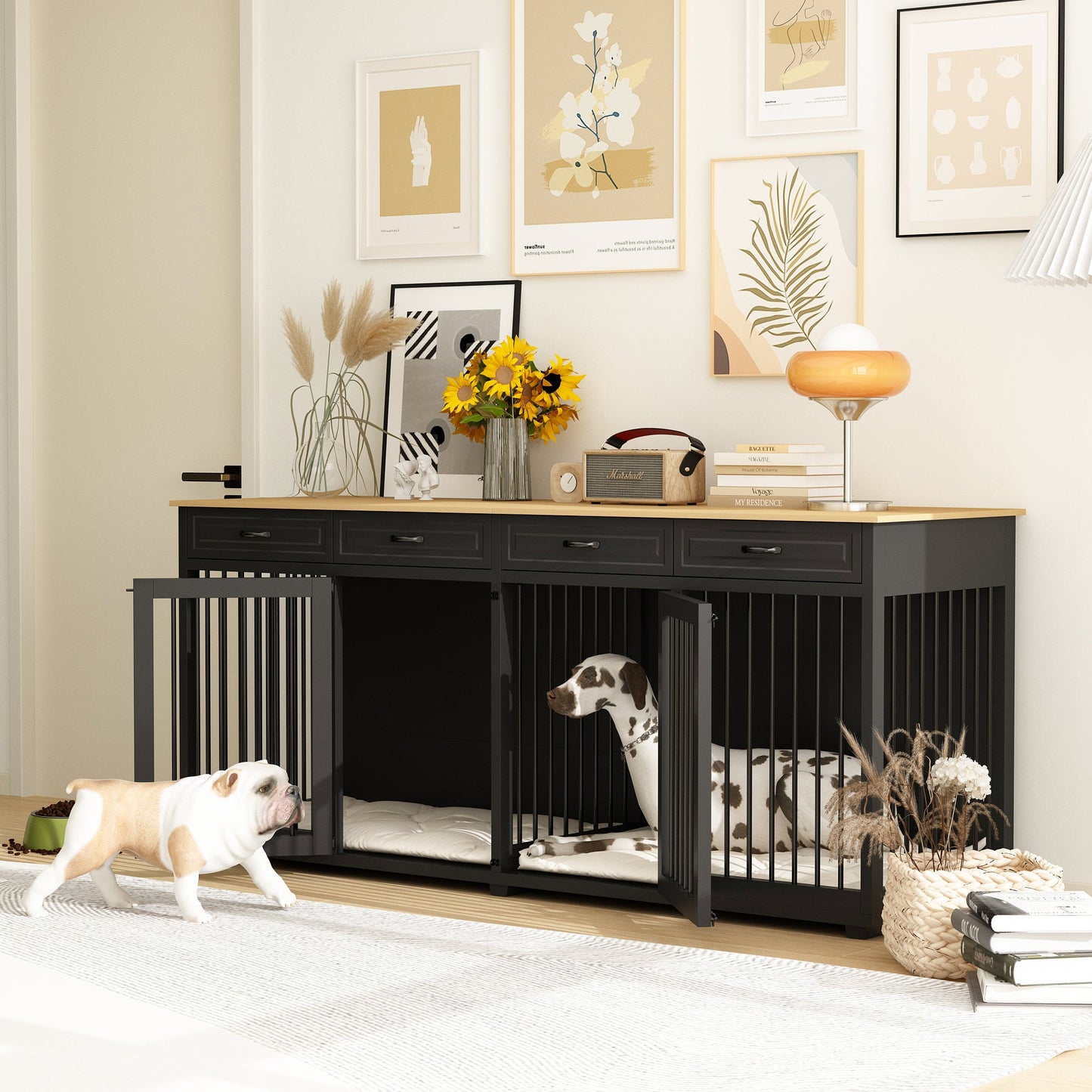 Grand meuble pour cage de chien avec 4 tiroirs et séparateurs