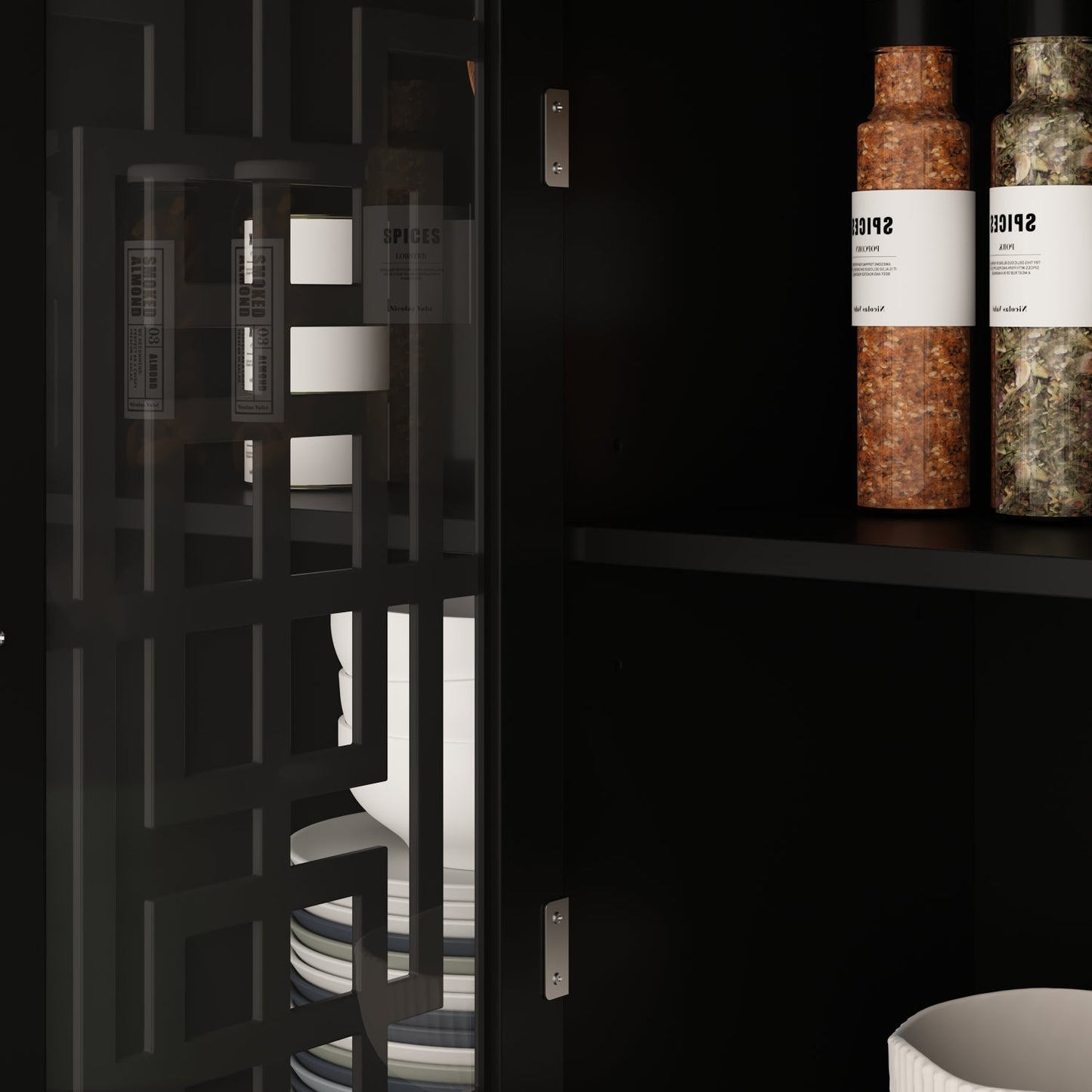 Buffet de cuisine avec portes vitrées, 3 tiroirs et 6 compartiments de rangement