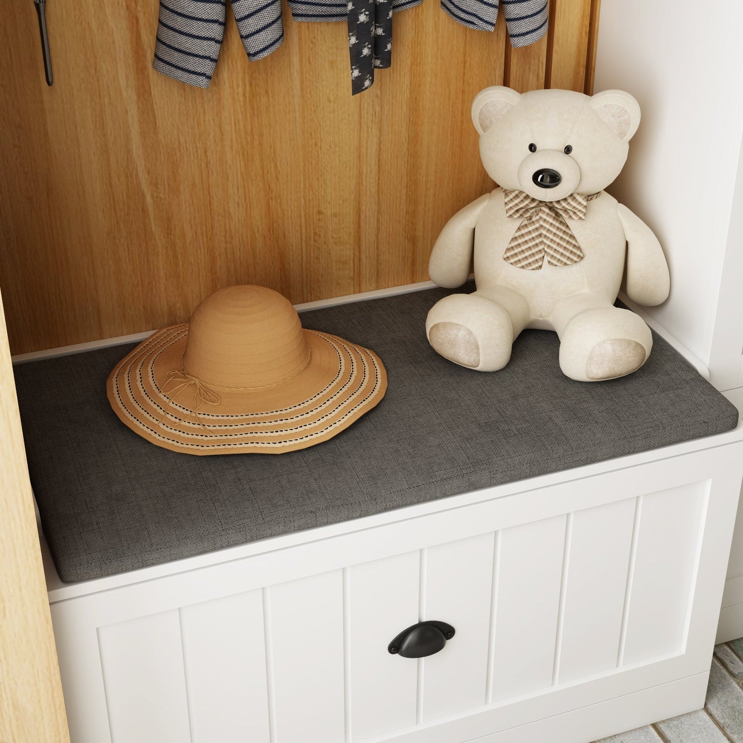 Meuble d'entrée avec étagère, rangement à chaussures et armoire à manteaux.