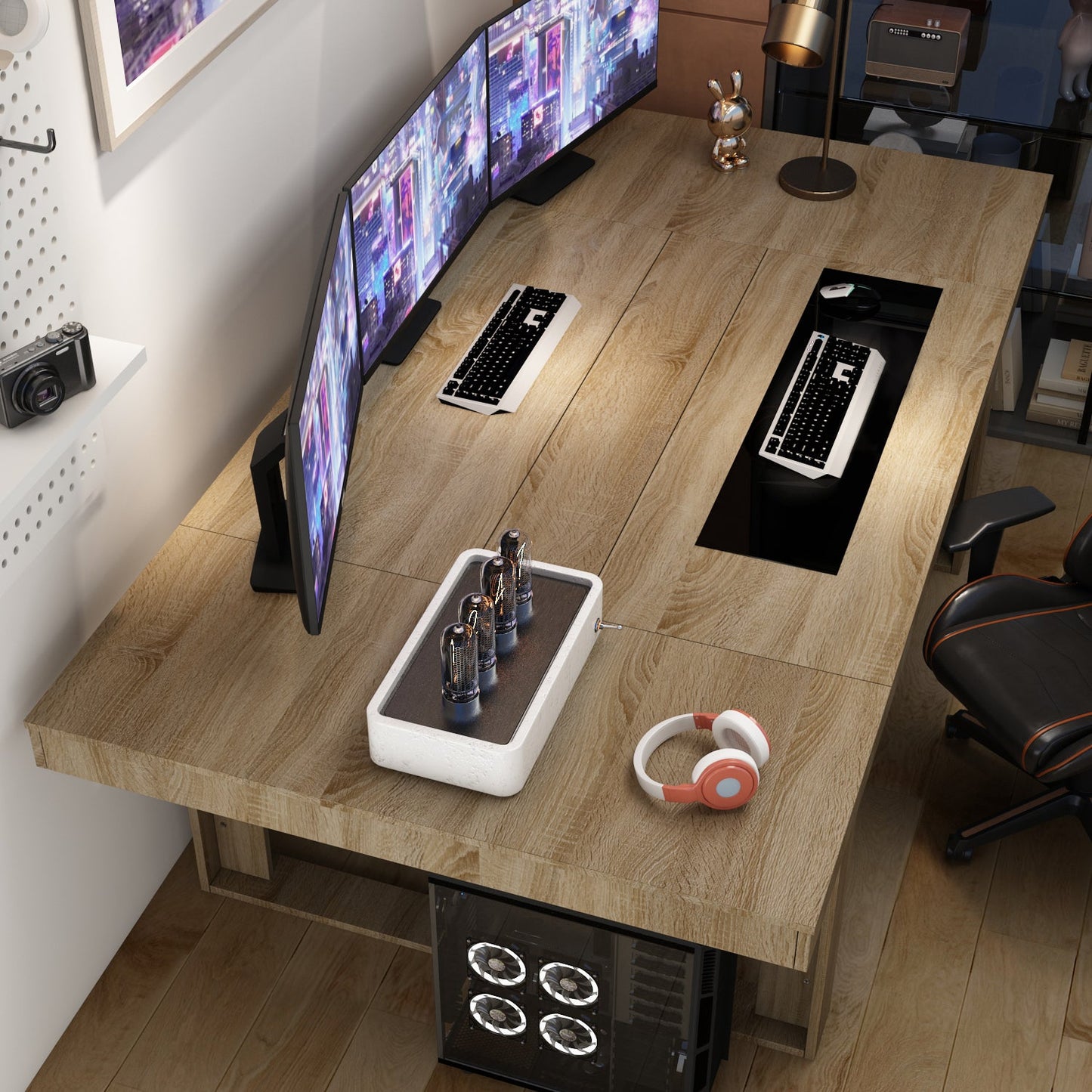 Grande table de conférence, bureau gaming avec finition bois pour réception