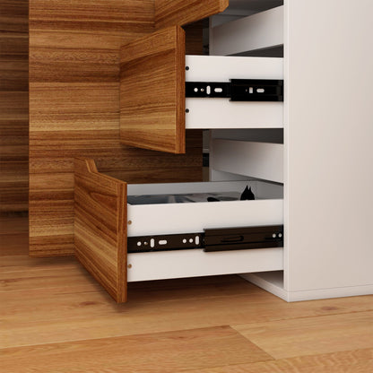 Bureau d'angle en forme de L avec tiroirs, finition bois brun.