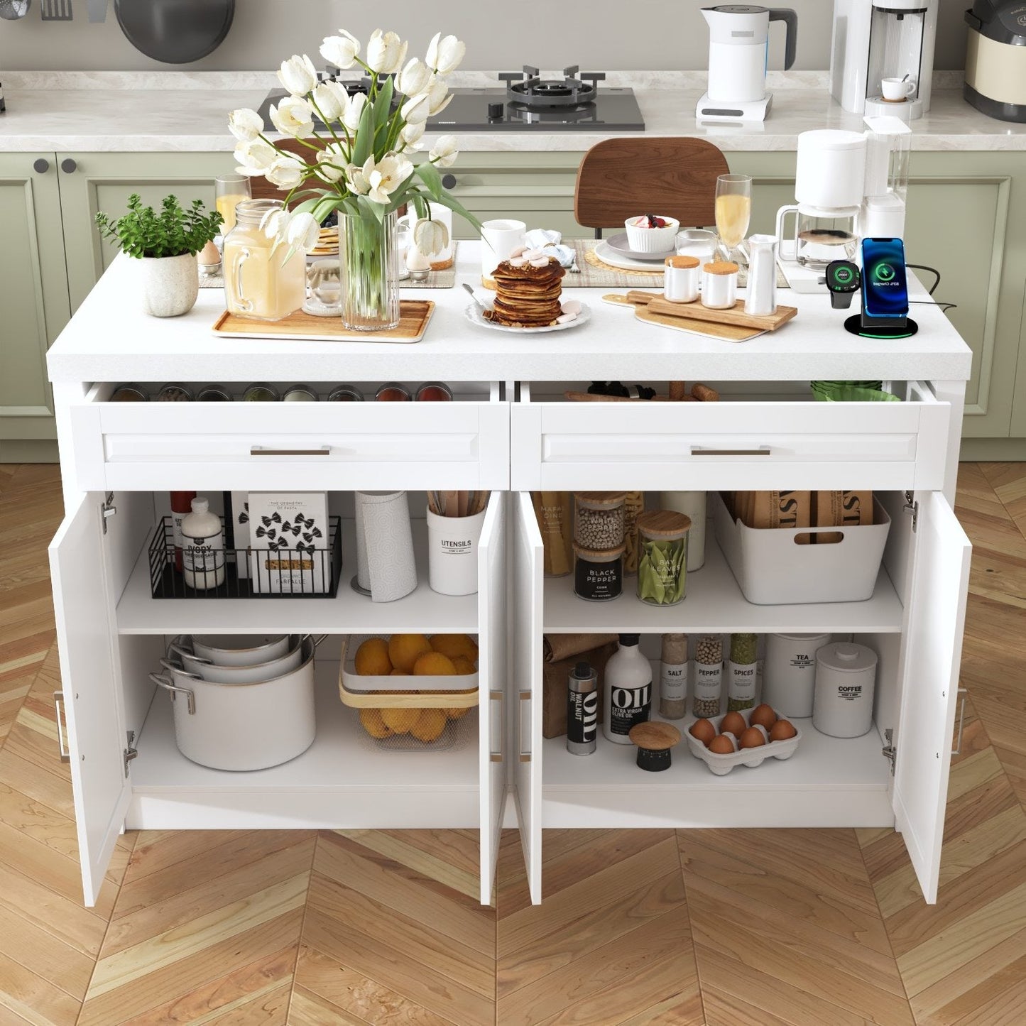 Îlot de cuisine de 61 po de largeur avec 2 tiroirs et 4 portes