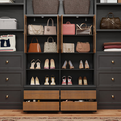 Système de dressing à 4 portes vitrées et 4 tiroirs avec banc de rangement pour chaussures