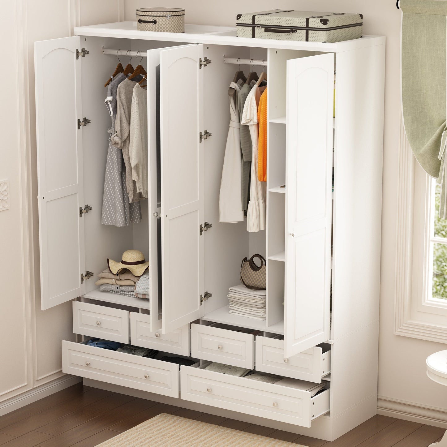 Armoire-penderie blanche élégante de 63 pouces de large avec miroir, 4 portes et 6 tiroirs