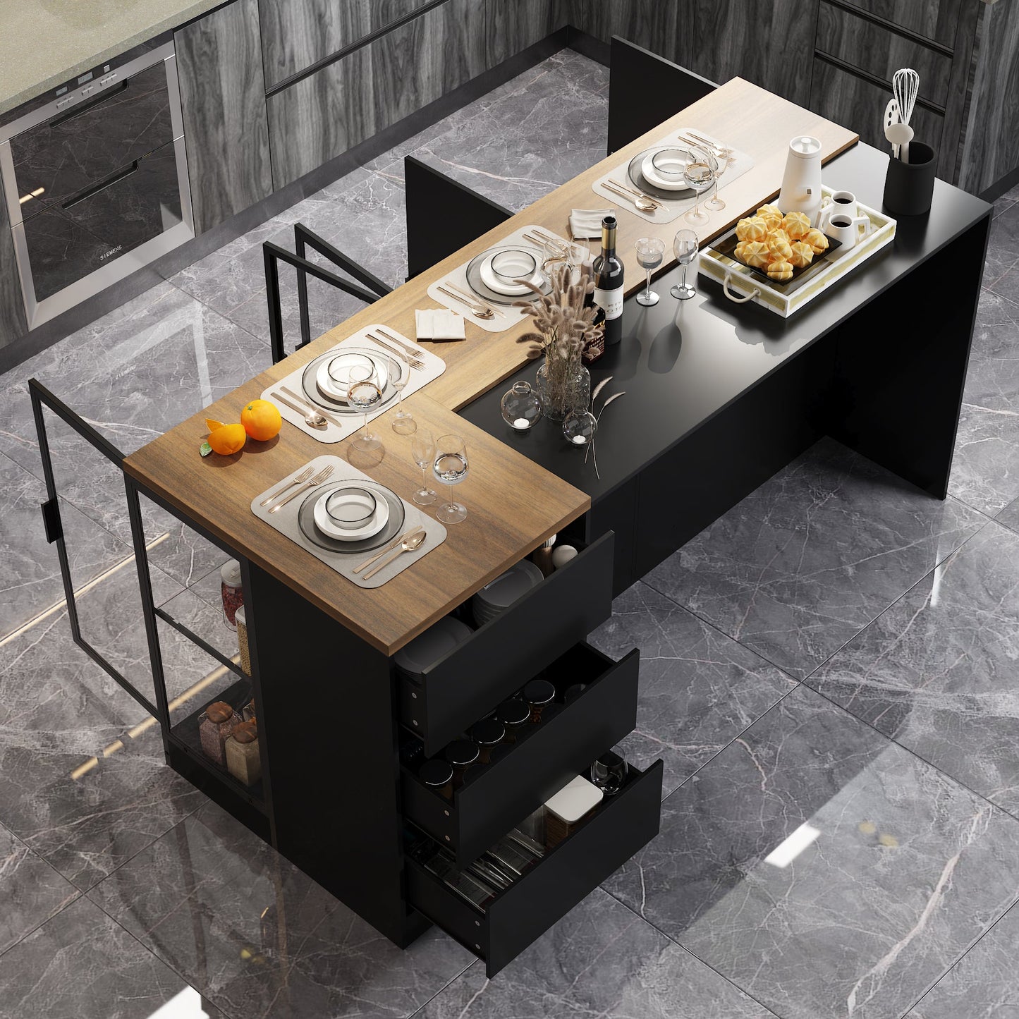 Îlot de cuisine 77,6 po avec porte vitrée, 3 tiroirs, éclairage double face