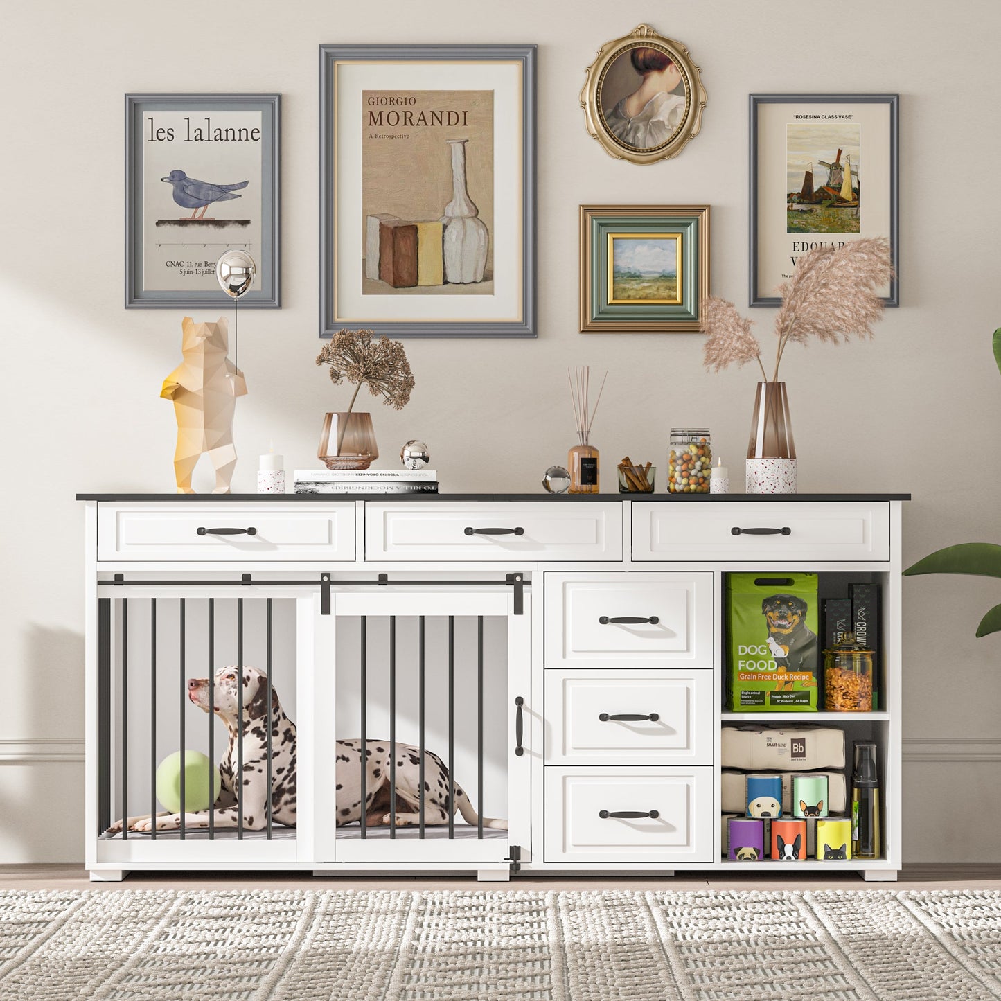 Cage pour chien à 6 tiroirs et 2 compartiments avec porte de style grange