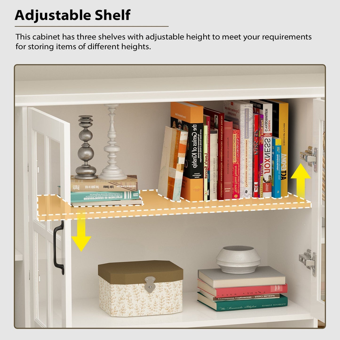 Vitrine d'angle avec étagère de rangement et bibliothèque, combinant 4 portes vitrées et 2 tiroirs