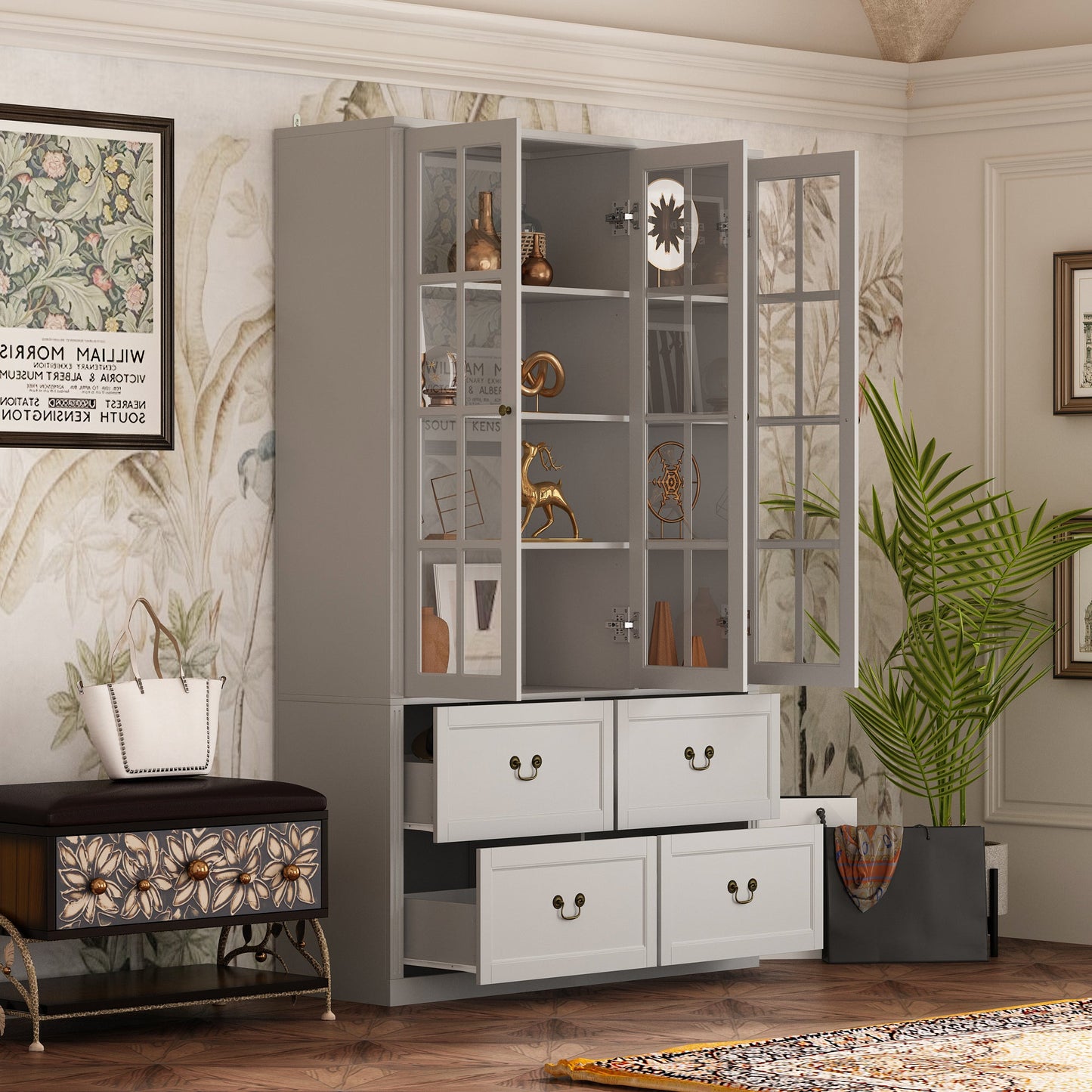 Grande bibliothèque vitrine avec étagères de rangement, 3 portes vitrées et 4 tiroirs avec poignées en métal