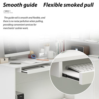 Bureau d'accueil en forme de L avec grands classeurs de rangement 