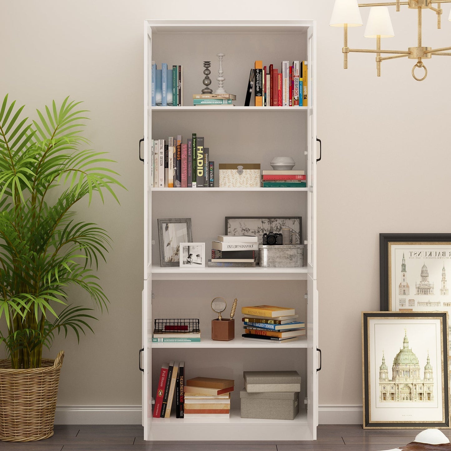 Vitrine d'angle avec étagère de rangement et bibliothèque, combinant 4 portes vitrées et 2 tiroirs