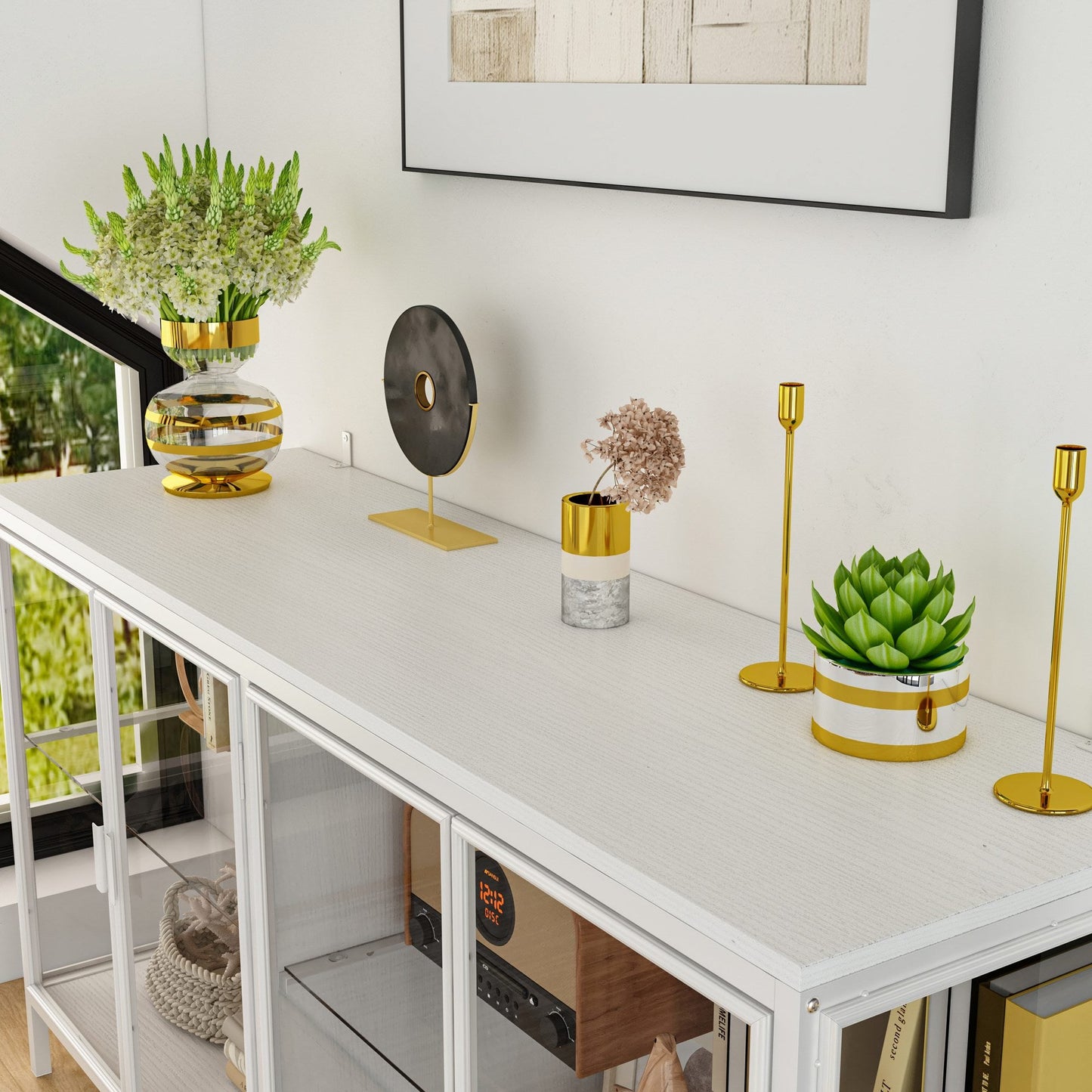 Buffet de 140 cm de large avec portes vitrées et éclairage LED