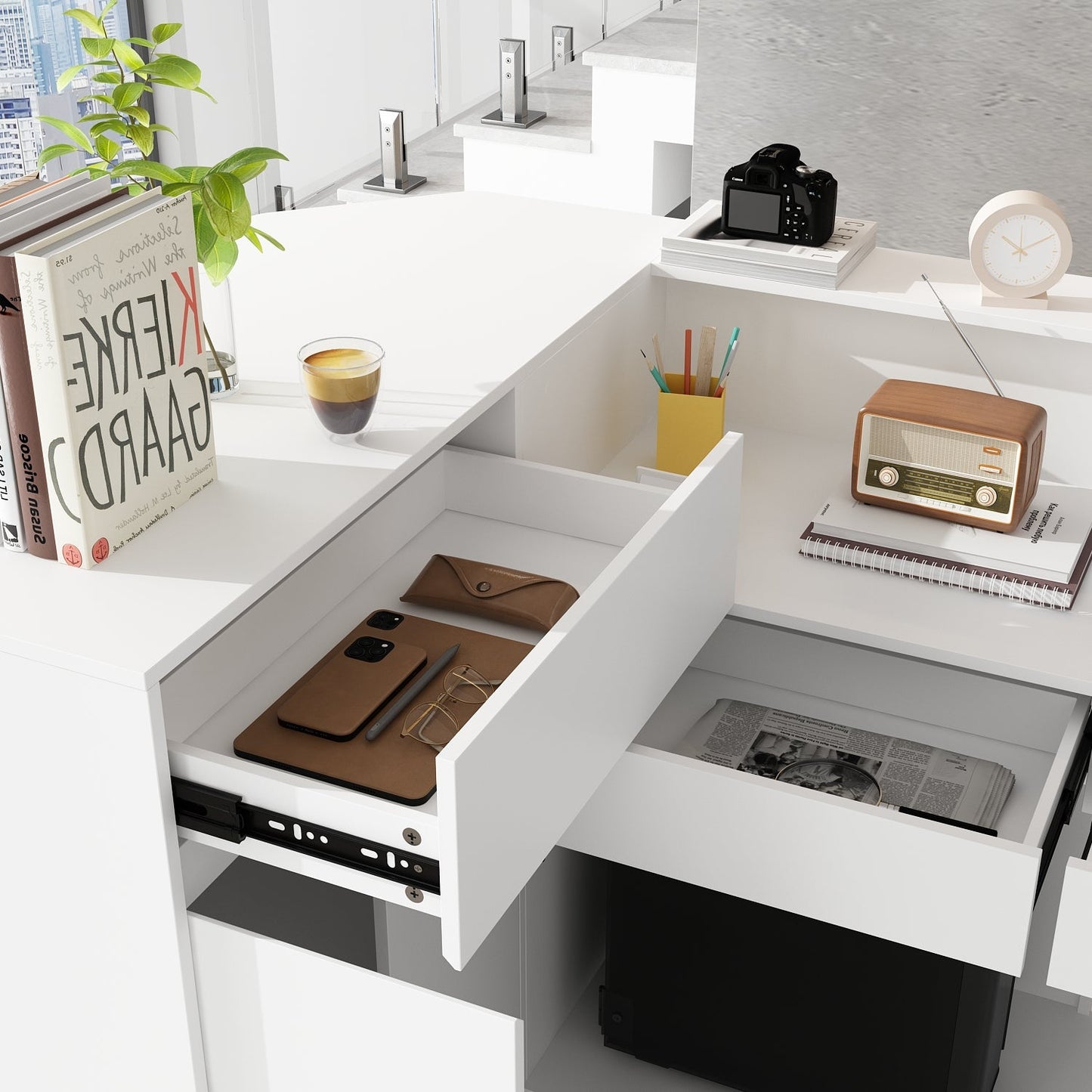 Grand comptoir d'accueil en forme de L avec 3 tiroirs