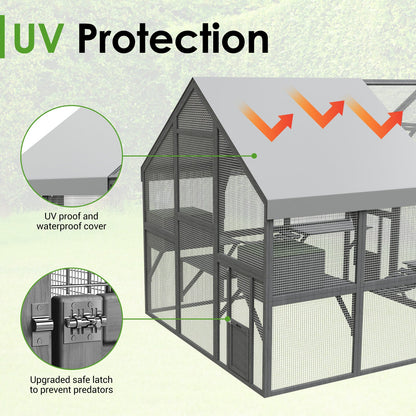 Grand enclos extérieur en bois pour chats, comprenant des niches, des ponts et des allées.