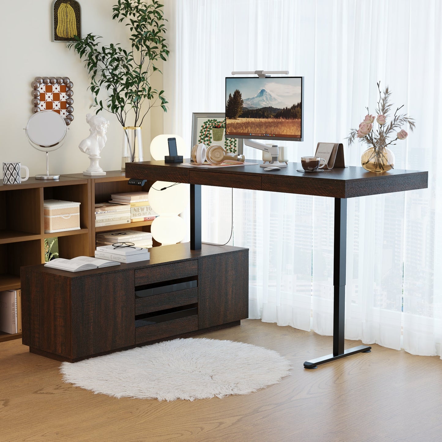 Bureau d'ordinateur en L à 3 tiroirs relevables (hauteur réglable de 74 à 112 cm) avec bibliothèque de 150 cm de large