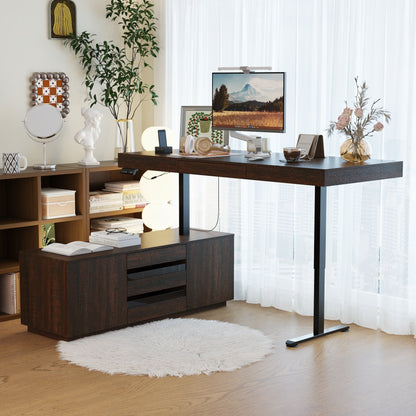 Bureau d'ordinateur en L à 3 tiroirs relevables (hauteur réglable de 74 à 112 cm) avec bibliothèque de 150 cm de large