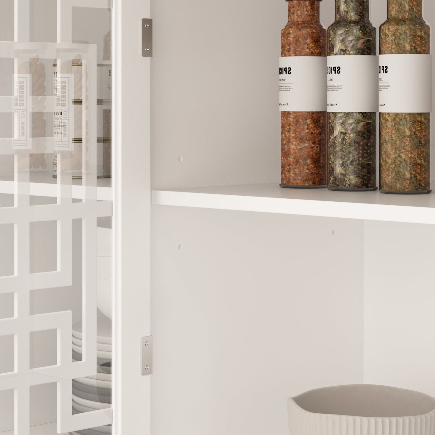 Buffet de cuisine avec portes vitrées, 3 tiroirs et 6 compartiments de rangement