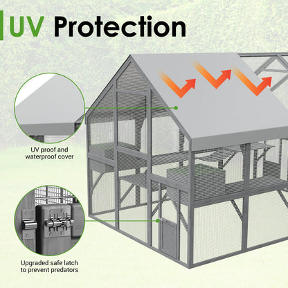 Grand enclos extérieur en bois pour chats, comprenant des niches, des ponts et des allées.