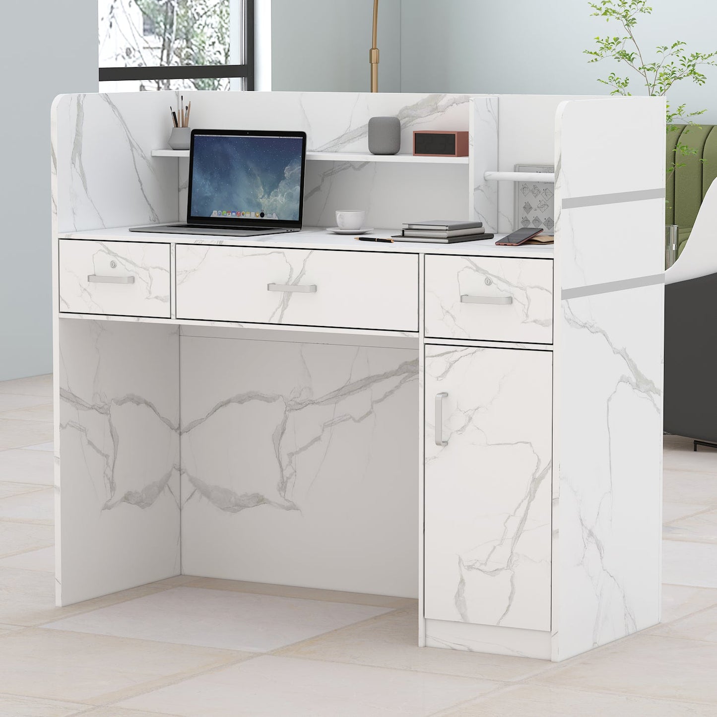 Bureau d'accueil moderne en bois avec armoire de rangement verrouillable, 47 pouces de large. 