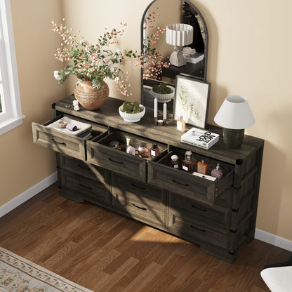 Commode rustique en bois de style campagnard, 12 tiroirs, 175,5 cm de large