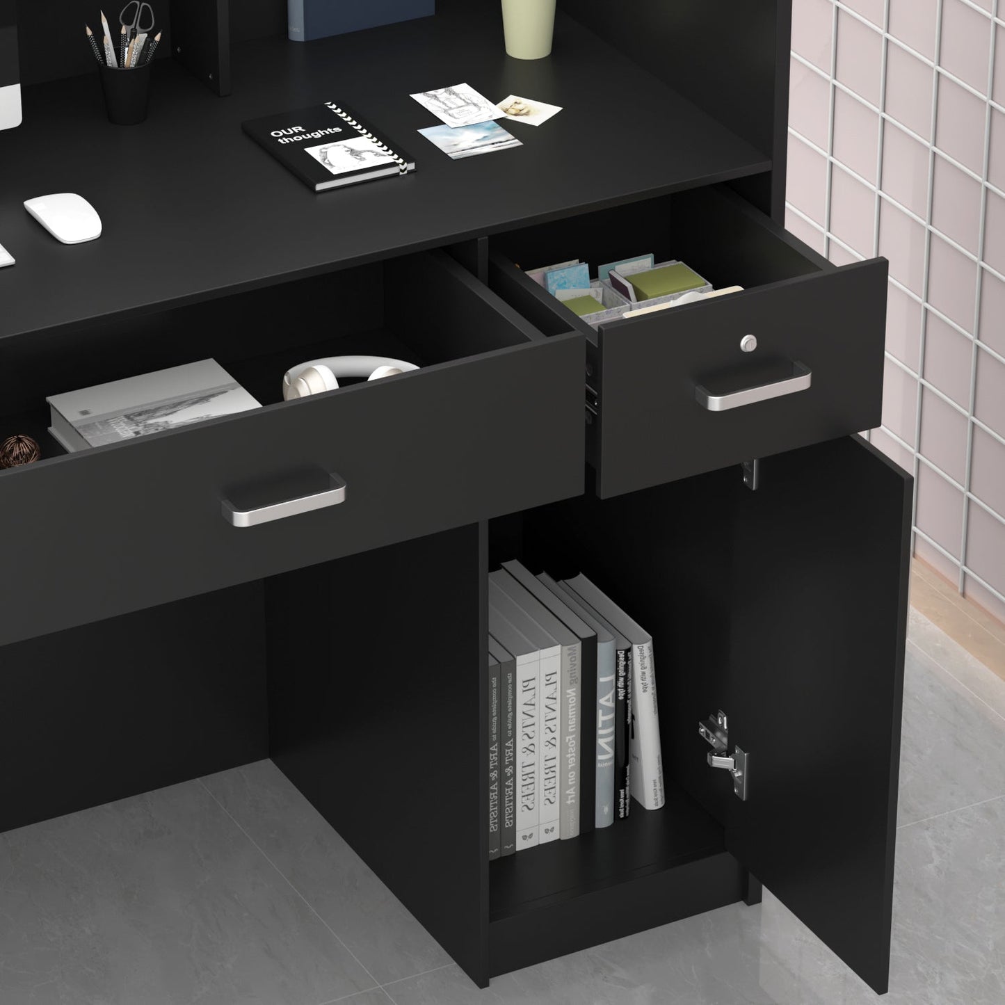 Bureau d'accueil moderne en bois avec armoire de rangement verrouillable, 47 pouces de large. 