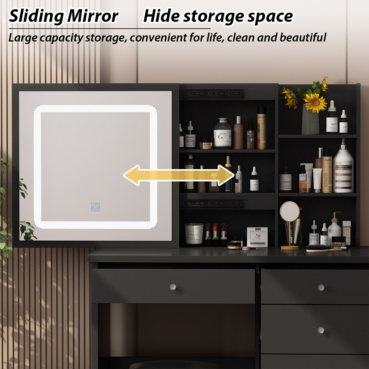 Ensemble coiffeuse avec miroir coulissant éclairé, tabouret rembourré, 5 tiroirs et étagères