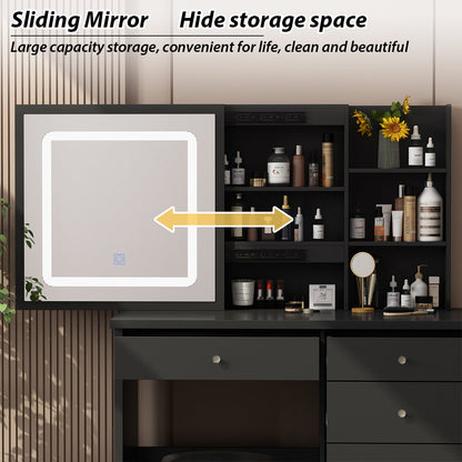 Ensemble coiffeuse avec miroir coulissant éclairé, tabouret rembourré, 5 tiroirs et étagères