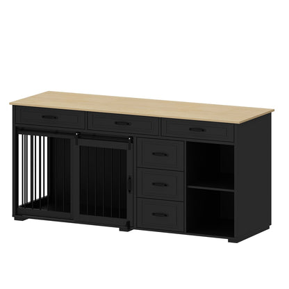 Cage pour chien à 6 tiroirs et 2 compartiments avec porte de style grange