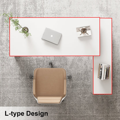 Bureau d'ordinateur en forme de L avec tiroirs et étagères, idéal pour écrire et jouer à domicile.