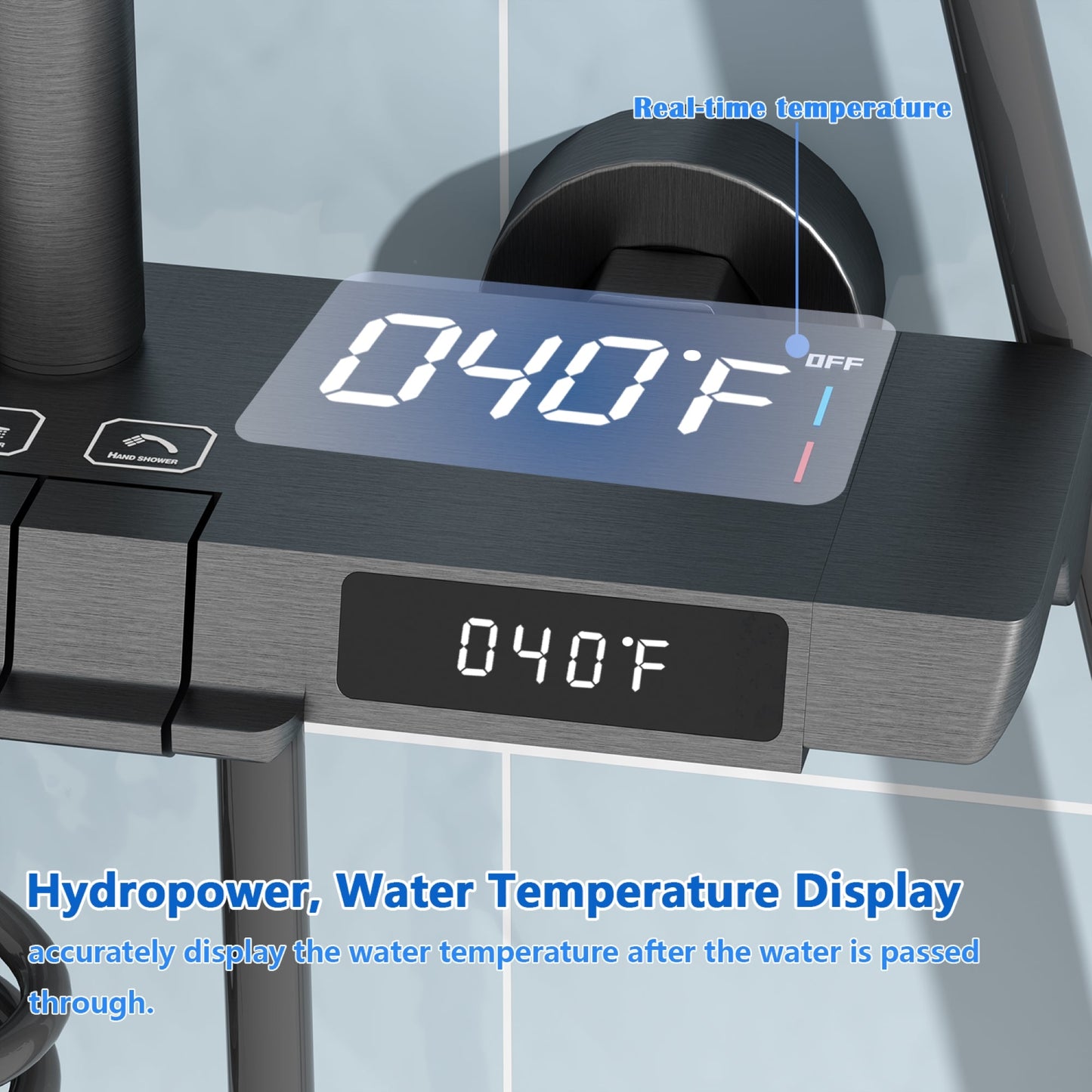 Système de douche complet avec écran LED, douchette à main, bec cascade et pistolet de douche