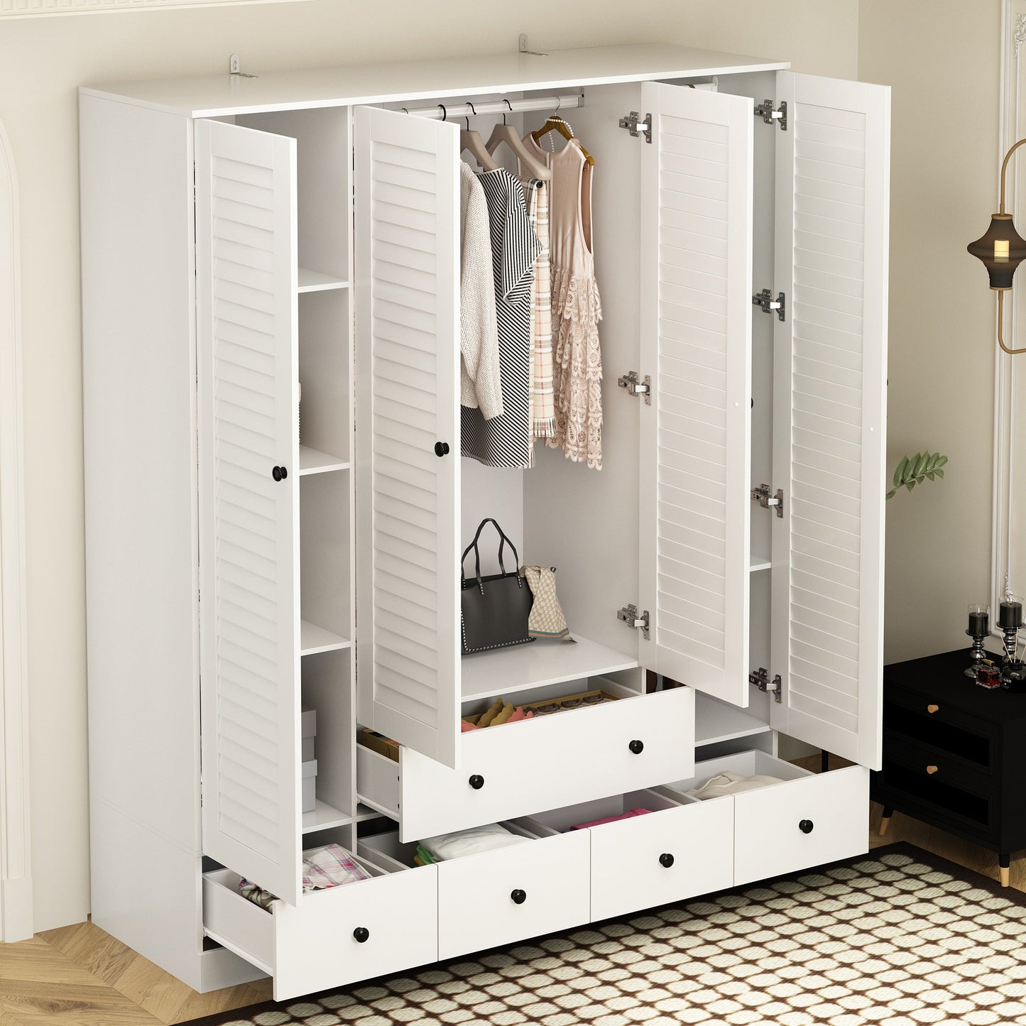 Grande armoire-penderie pour chambre à coucher, meuble de rangement à 4 portes et 5 tiroirs