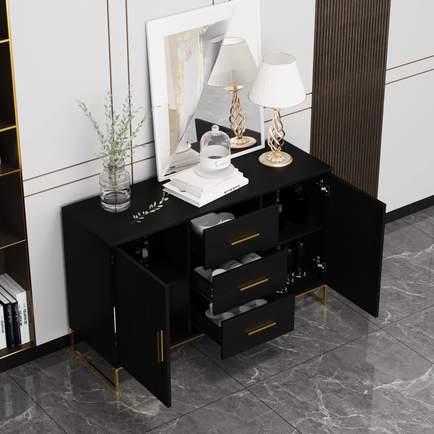 Meuble de rangement à 3 tiroirs et 2 portes, pieds en métal, pour salle à manger et salon