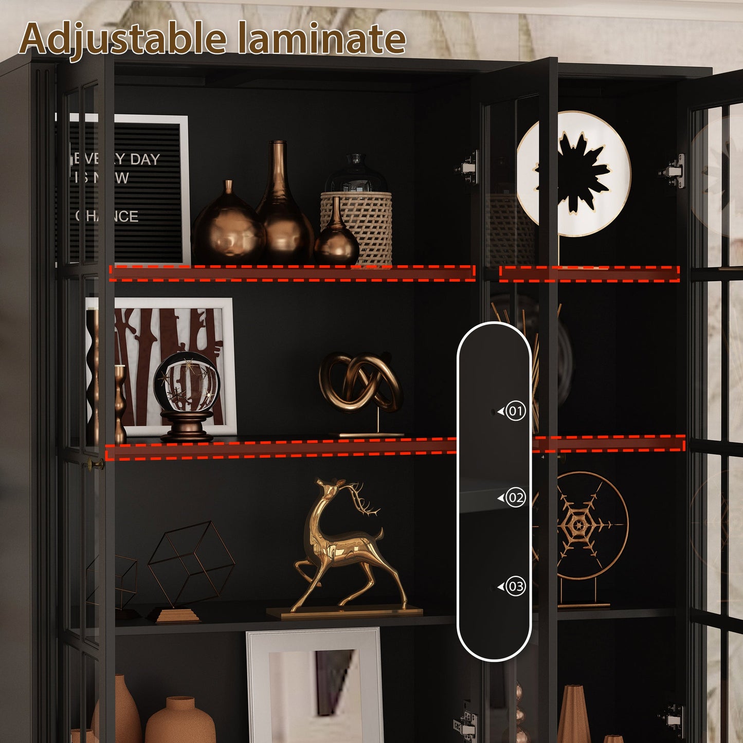 Grande bibliothèque vitrine avec étagères de rangement, 3 portes vitrées et 4 tiroirs avec poignées en métal