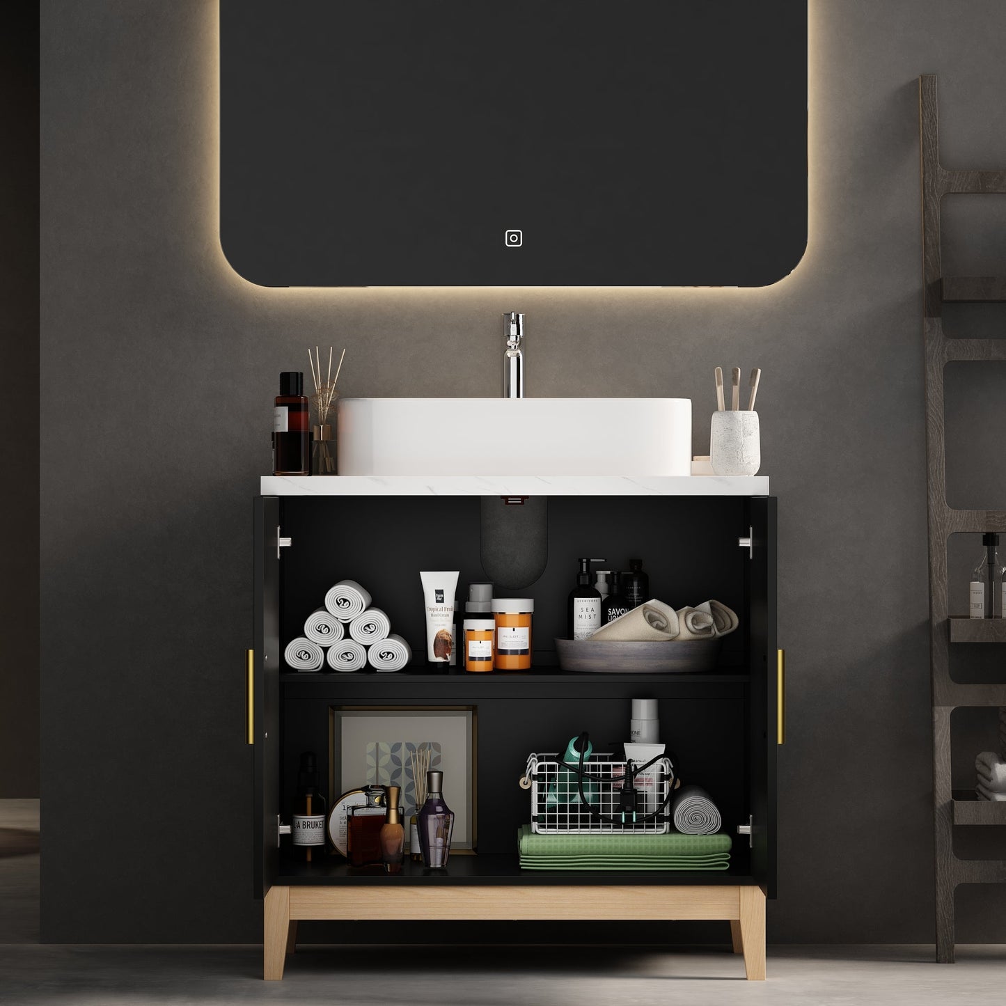 Meuble-lavabo simple sur pied avec plateau en bois composite