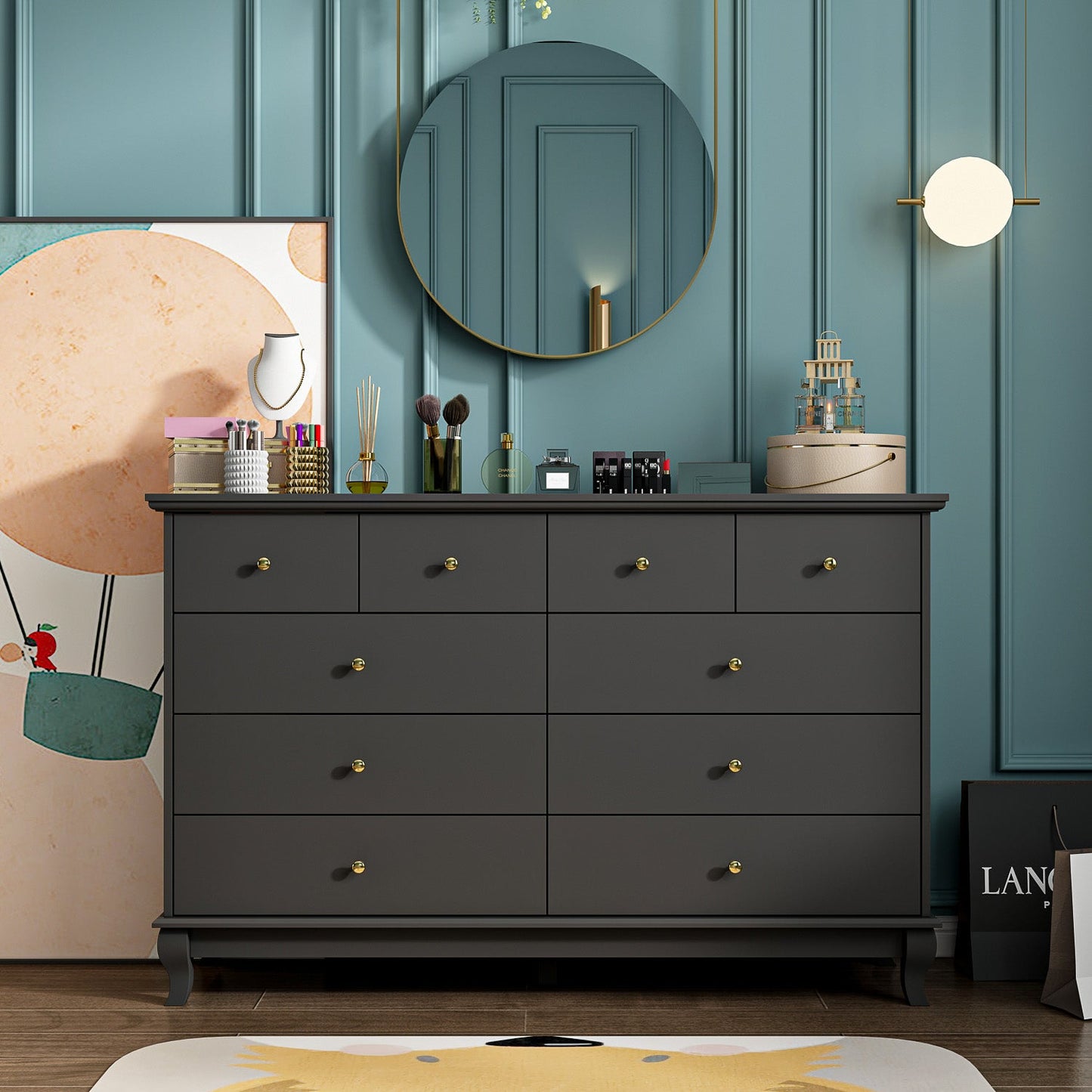 Commode double avec tiroirs et portes à poignées argentées