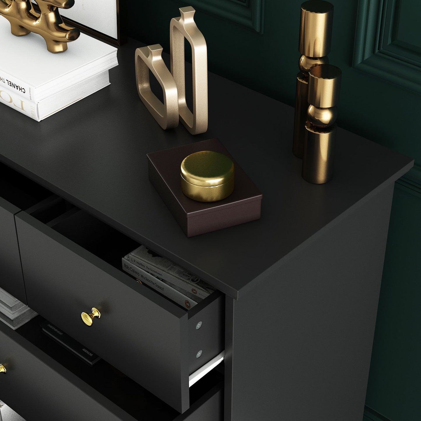 Commode double avec tiroirs et portes à poignées argentées