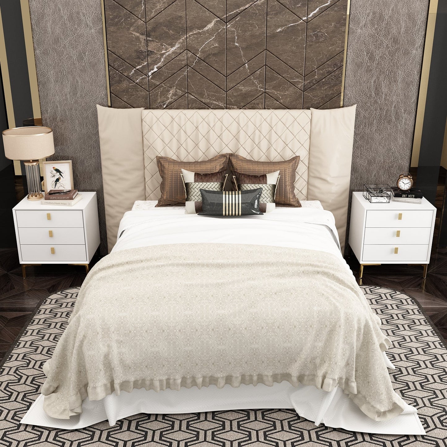 Table de chevet noire avec pieds en métal doré et 3 tiroirs