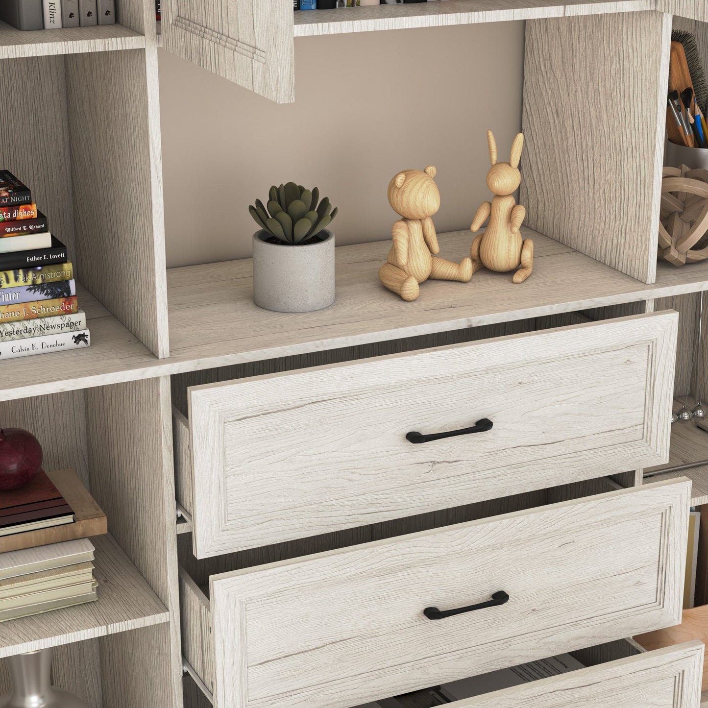 Meuble de rangement modulaire élégant : design épuré et combinaison de compartiments ouverts et fermés.