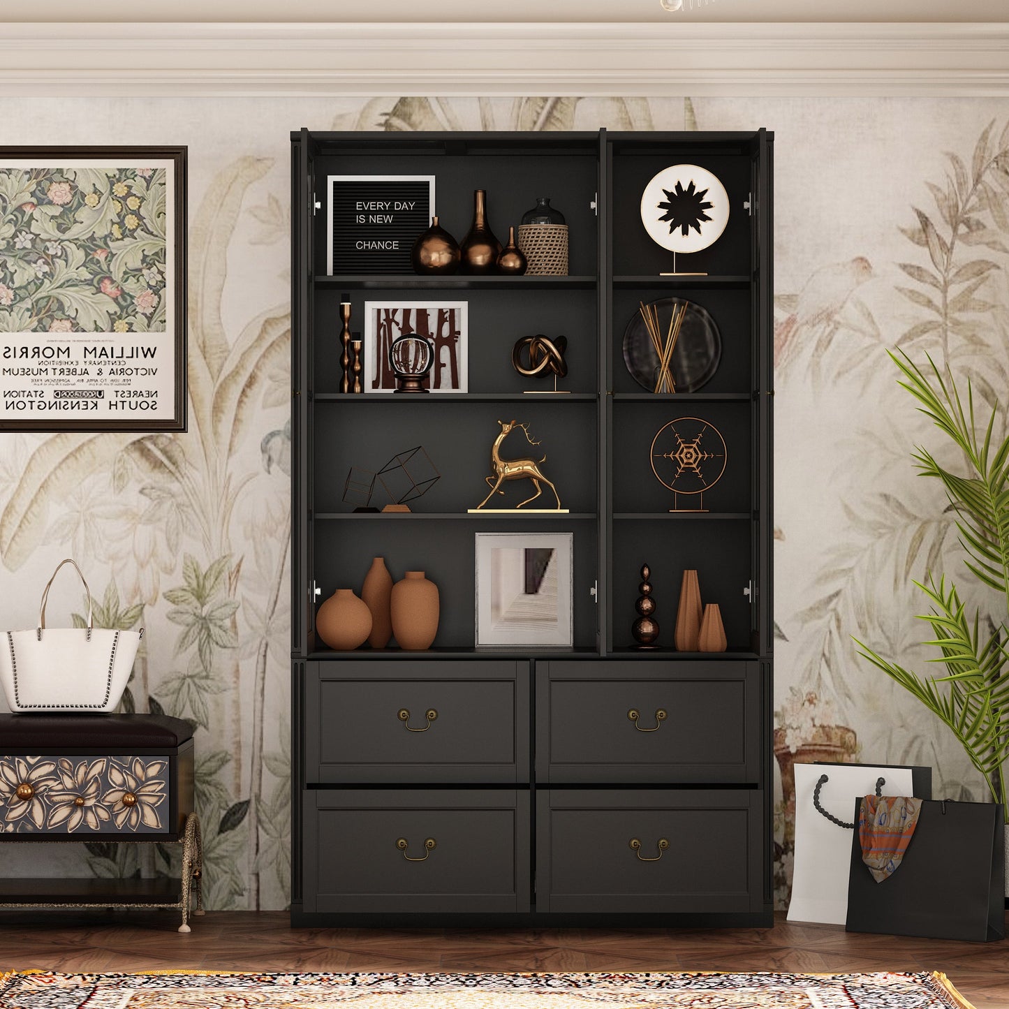 Grande bibliothèque vitrine avec étagères de rangement, 3 portes vitrées et 4 tiroirs avec poignées en métal