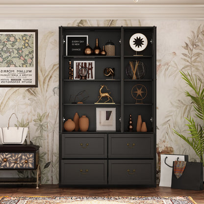 Grande bibliothèque vitrine avec étagères de rangement, 3 portes vitrées et 4 tiroirs avec poignées en métal