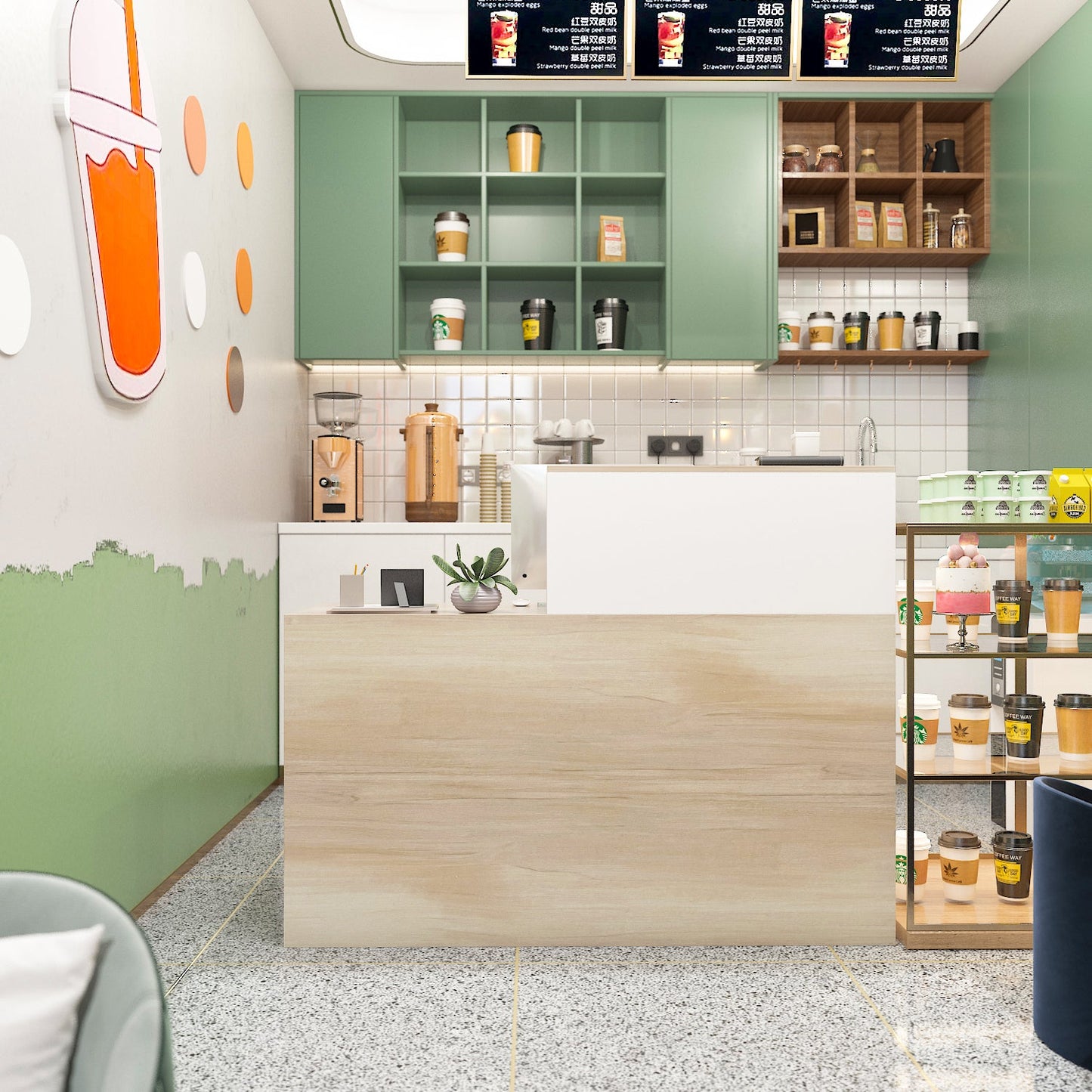 Bureau d'accueil avec comptoir et armoires de classement pour la caisse et la vente au détail 