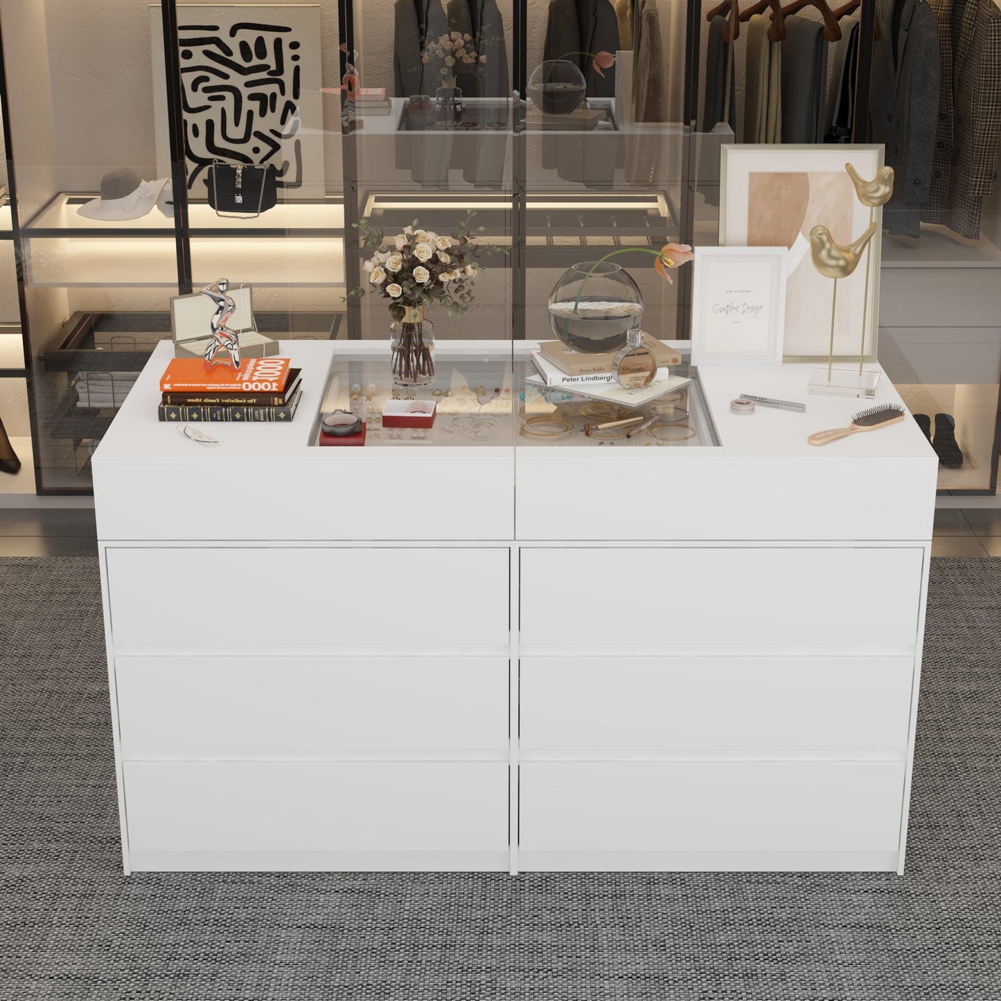 Commode à 12 tiroirs et 1 étagère, au design élégant et au plateau en verre trempé