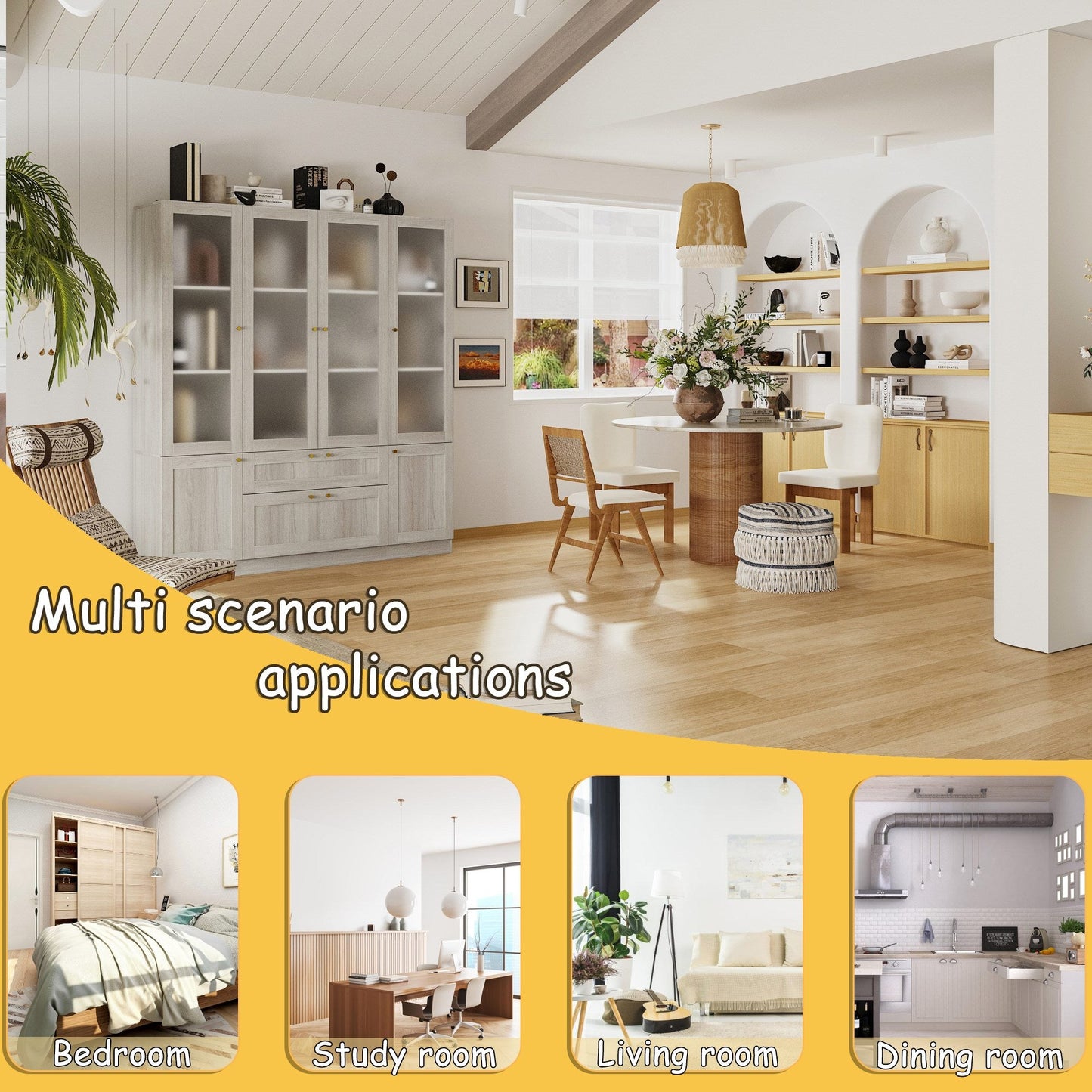 Bibliothèque modulaire à 4 tiroirs avec portes en verre dépoli, 71 po H x 126 po L